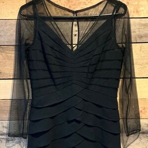 Adrianna Papell 8 Black Dress Tiered Shutter Pleat Illusion‎ Sleeve Whimsigoth